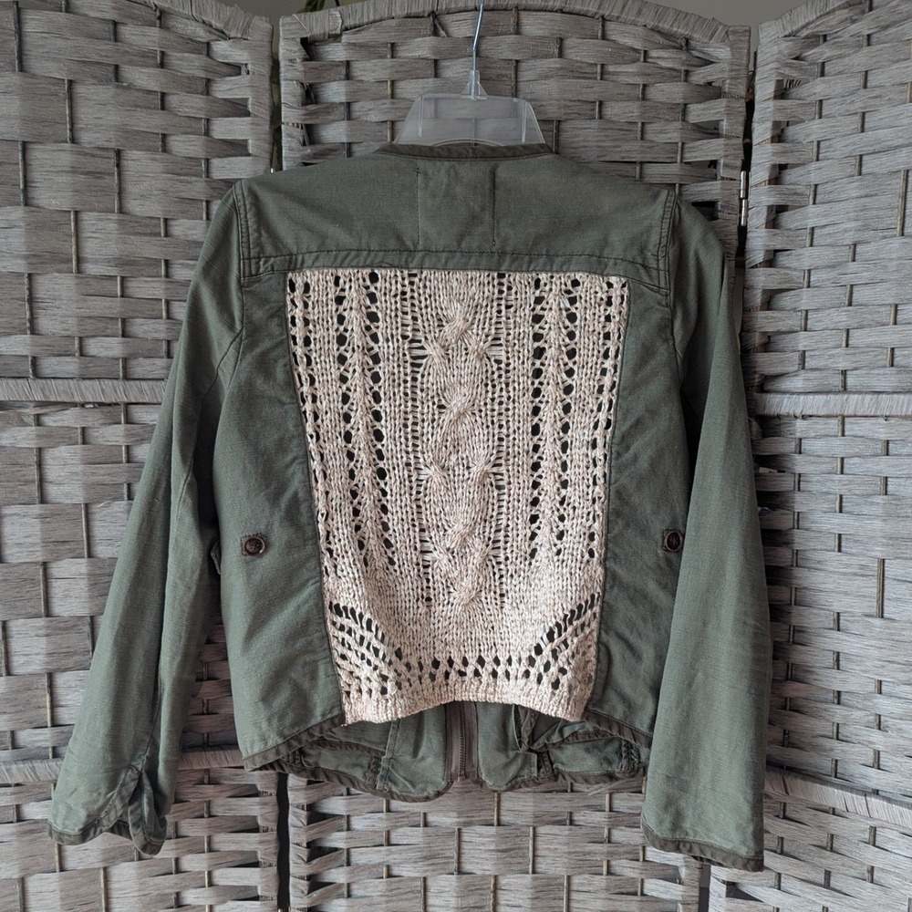 Daughters of‎ the Liberation Olive Green Utility Jacket Cream Crochet Back Boho
